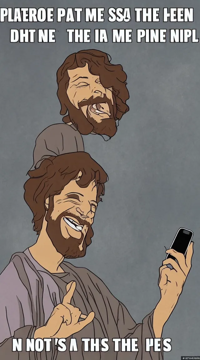 Image similar to portrait of one Jesus laughin because see a meme in him cellphone, no letters, one person