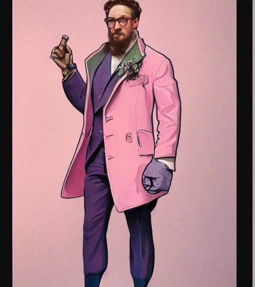 Image similar to Gigachad Sam Hyde in a pink luxurious suit, ready for battle, boxing stance, wearing candy cane boxing gloves, sigma male, buff, accurately portrayed, portrait art by alphonse mucha and greg rutkowski, highly detailed, digital painting, concept art, illustration, dim lighting with twilight rays of sunlight, trending on artstation, very detailed, smooth, sharp focus, octane render, close up