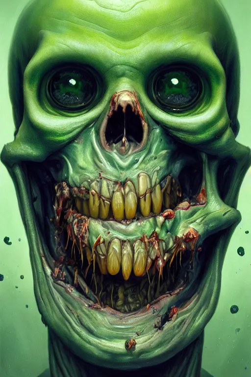 Image similar to a beautiful oil painting hyperrealism of a happy smiling zombie head, green bulging eyes, rotten green skin, grey beard, blue veins, skull bones, moody lighting, 8 k resolution, octane render, trending on artstation, by h. r. giger and greg rutkowski