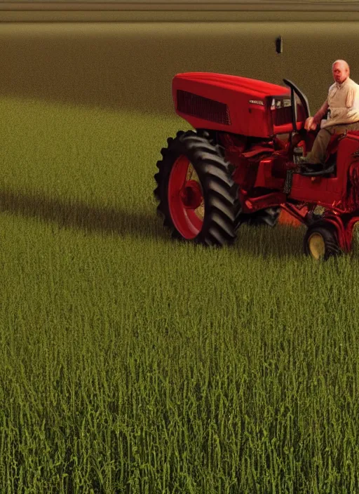 Prompt: digital portrait of a person looking like alexander lukashenko ruling tractor in fields, hot sun, photo realism
