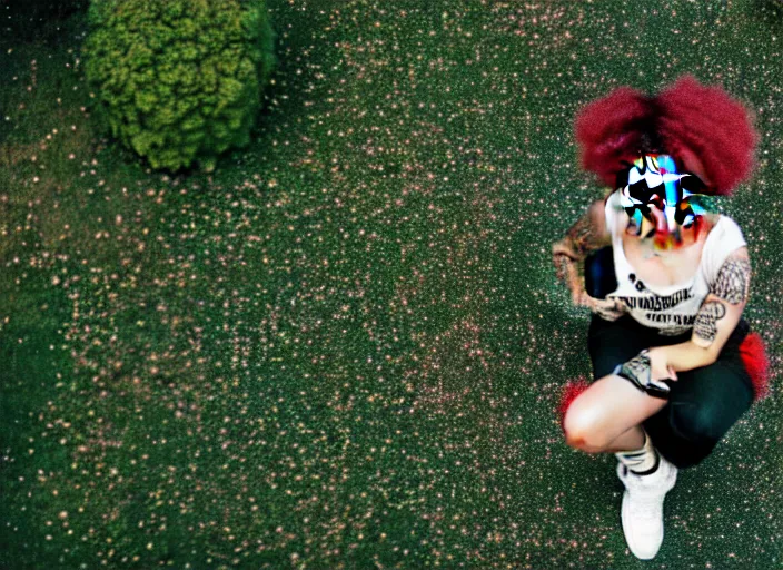 Prompt: photograph from above of a streetwear mixed woman wearing thick mascara in a brutalist topiary garden, crying, a city on fire in the background, tattoos, dark glitter makeup, Cinestill 50d, 4k, 8k, hd, full color