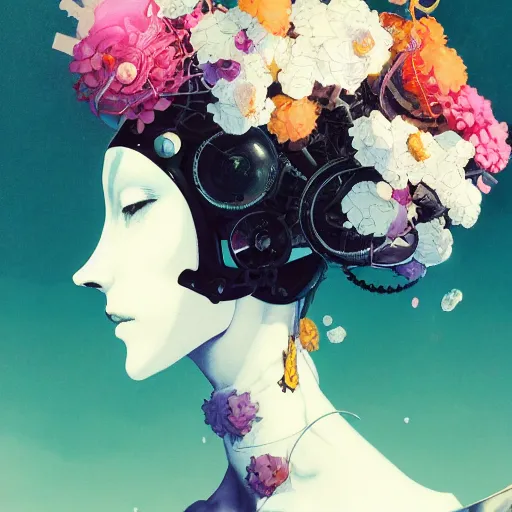 Image similar to surreal gouache painting, by yoshitaka amano, by ruan jia, by conrad roset, by kilian eng, by good smile company, detailed anime 3 d render of a mechanical android head with flowers growing out, portrait, cgsociety, artstation, modular patterned mechanical costume and headpiece, retrowave atmosphere