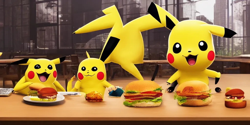 Prompt: a realistic serious Pikachu alone next to a table eating a delicious hamburger, digital art, wide shot, highly detailed, hyperrealistic, photorealistic, unreal engine 5, very detailed, made by a professional 3d artist, dynamic lighting, trending on artstation, 4k uhd, epic composition, masterpiece