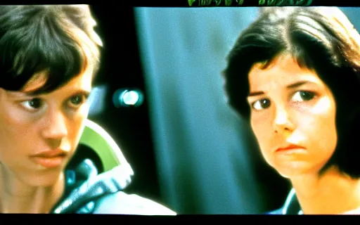 Prompt: full - color cinematic movie still from the 1 9 7 9 film alien starring young phoebe cates as lieutenant ripley. detailed facial - features ; suspense ; action.