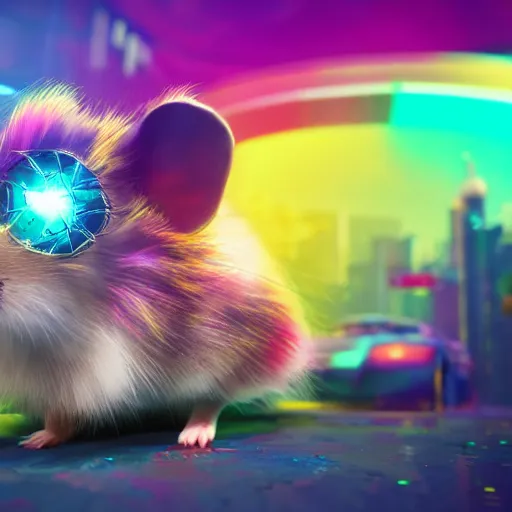 Image similar to hamster with rainbow fur in the style of cyberpunk 2 0 7 7, 8 k, hd, light reflection