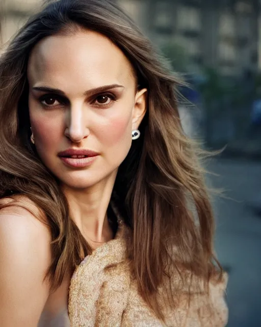 Image similar to Beautiful Head and shoulders portrait of confident flirty Natalie Portman with straight long brown hair, by Zoë Mozert , Stephen Wayda , alberto Vargas, arney freytag, artstation, 35mm, fashion photoshoot, posing in an urban street, golden hour, bokeh, rim lighting, fashion pose, octane, 4k