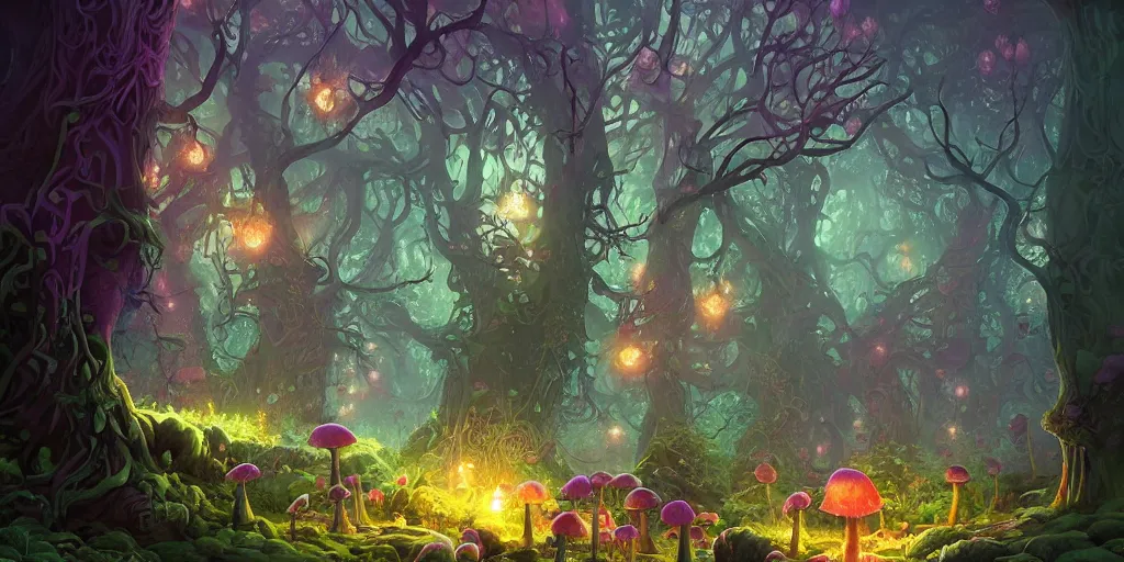 Prompt: enchanted magical fantasy forest, twisting trees, spiralling bushes, spike - like branches, colorful glowing mushroom scattered, dark atmosphere, by andreas rocha and stephan martiniere