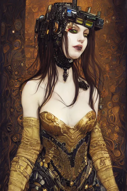 Image similar to portrait of beautiful young gothic maiden, cyberpunk, Warhammer, highly detailed, artstation, illustration, art by Gustav Klimt