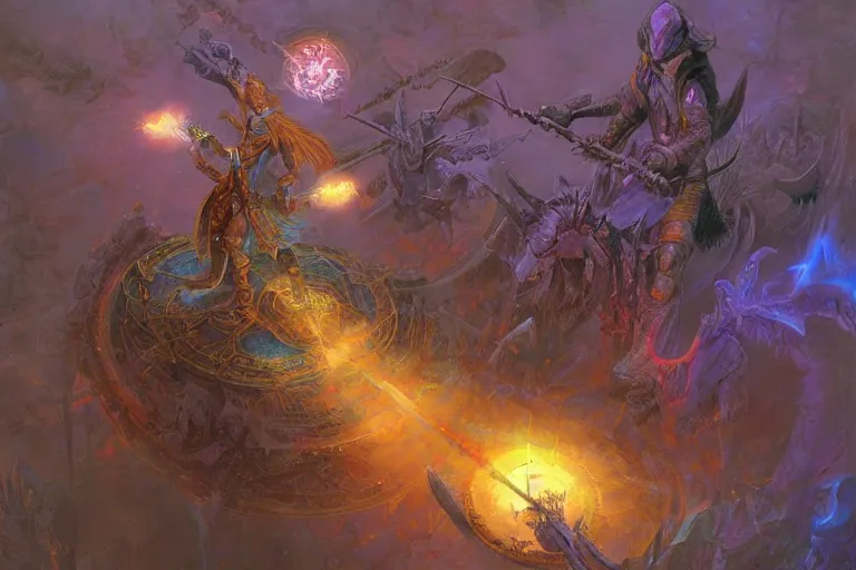 Image similar to drow rider sorcerer, art by robert mccall and jael and donato giancola, trending on artstation, halfrear lighting tilt - shift multiple exposure, sacred geometry, unreal engine 5, fractalism, idealism