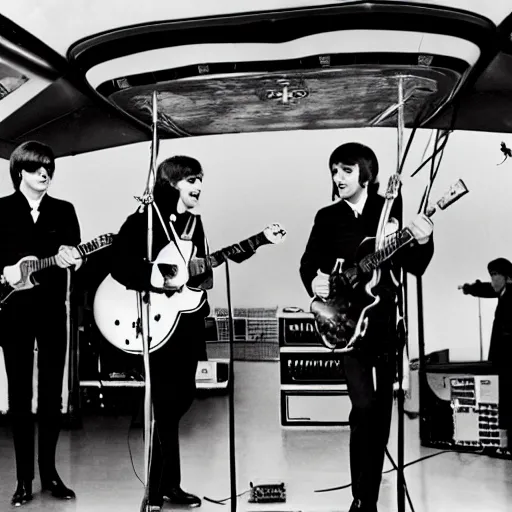 Prompt: the beatles playing live on top of a boeing 747