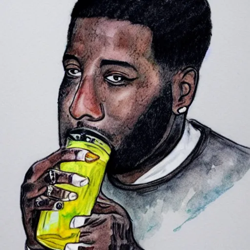 Prompt: ink and water color portrait drawing of gucci mane drinking lemonade, realistic, art nouveau