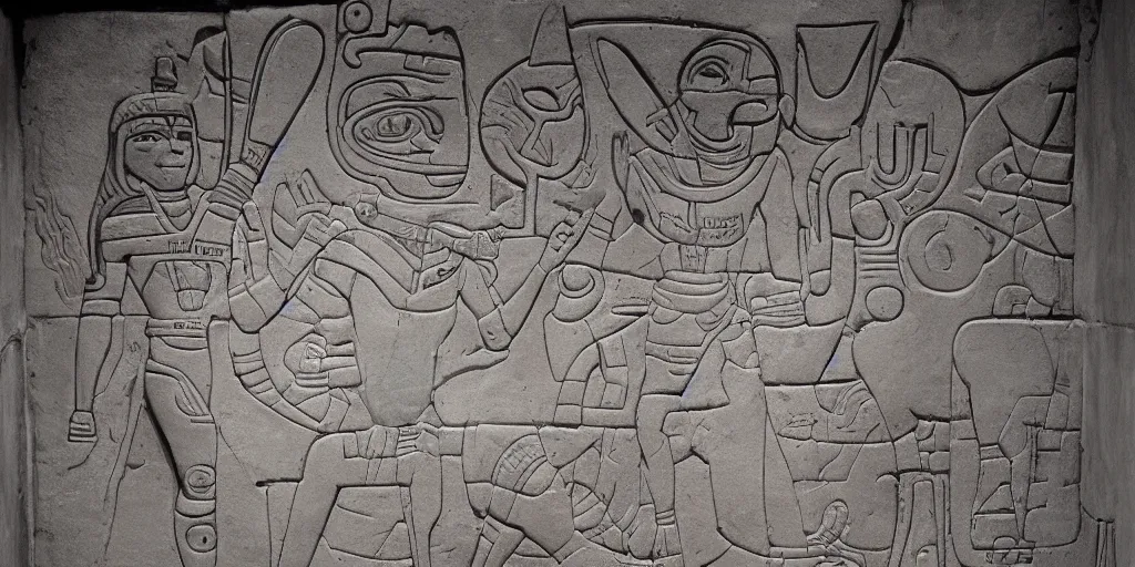 Image similar to pascal votan the space navigator as etched in stone, Mayan hieroglyph by Liam Wong and Boris Vallejo