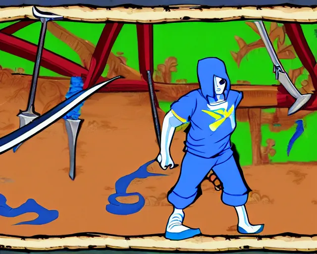 Prompt: screenshot of a crips gang member in the two dimensional cartoon web browser game swords and sandals ( 2 0 0 5 ), adobe flash player, high quality