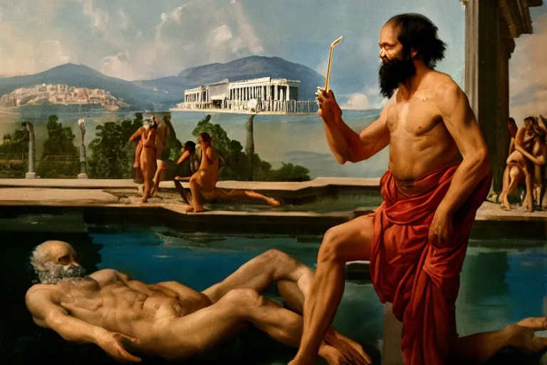 Prompt: Socrates eating a translucent turquoise hemlock popsicle at the last pool party he will ever attend, he is comforted by his disciples, large cloud of fire engulfs him, the acropolis can be seen in the background, in the style of Martin Parr The Last Resort, ring flash closeup photograph