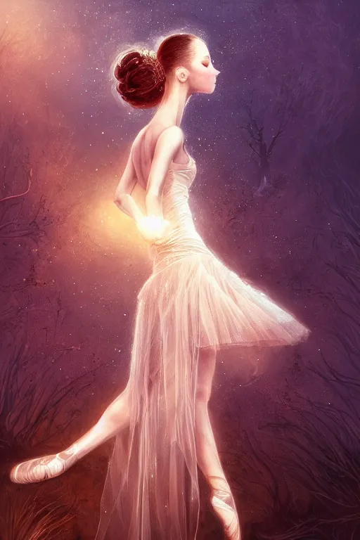 Image similar to prima ballerina, gorgeous, ethereal, intricate, elegant, volumetric lighting, nature scenery, digital painting, highly detailed, artstation, sharp focus, illustration, concept art, clive barker