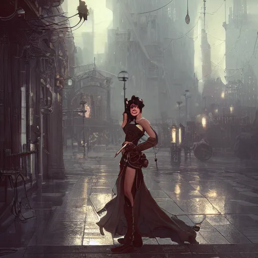 Image similar to a photograph of an attractive women in a steampunk city by greg rutkowski, sung choi, mitchell mohrhauser, maciej kuciara, johnson ting, maxim verehin, peter konig, 8 k photorealistic, cinematic lighting, hd, high details, dramatic, dark atmosphere, trending on artstation