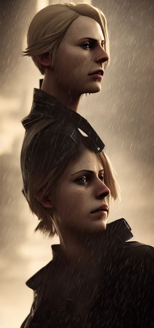 Prompt: portrait shot of annie leonhart in dunwall city, mid air shot, redshift render, beautiful face, detailed face, cinematic lighting, rainy weather, melancholy atmosphere, volumetric light, octane render, dishonored 1, gothic architecture, realistic reflections, octane render 8 k, action shot