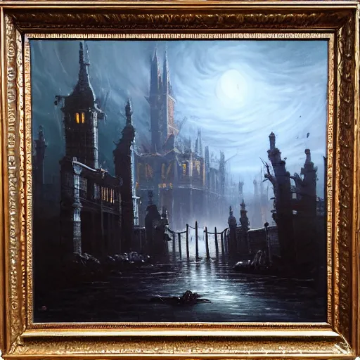 Image similar to bloodborne, beautiful extremely detailed landscape oil on canvas painting in the style of 1 9 th century hudson river school of art