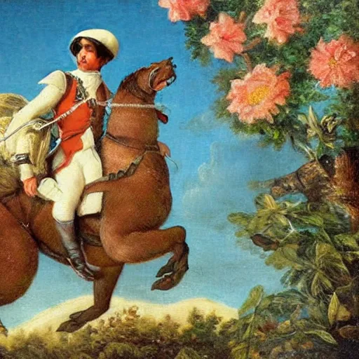 Prompt: a giant squirrel carrying napoleon!!! on its back, napoleon riding, beach scene with flowers and foliage, detailed oil painting