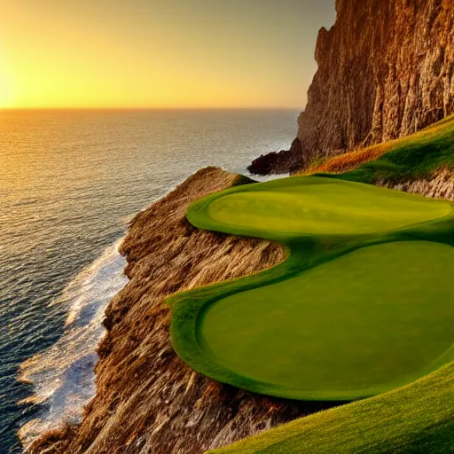 Image similar to a great photograph of the most amazing golf hole in the world, cliffs by the sea, perfect green fairway, human perspective, ambient light, 5 0 mm, golden hour