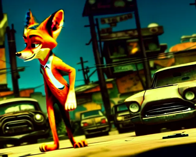 Prompt: nick wilde as max payne 3 set in gritty neo - noir zootopia, battle through the favela / furvela