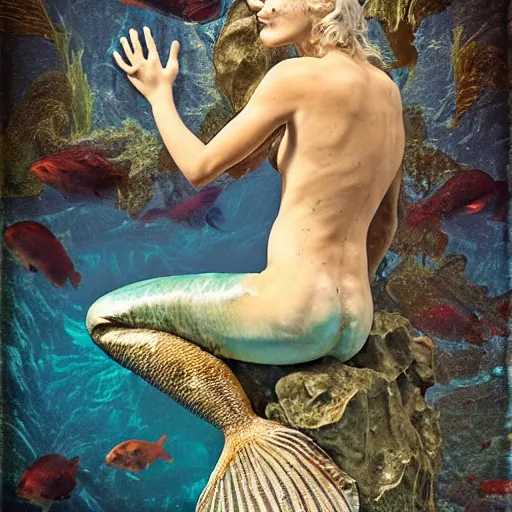 Image similar to mermaid in tears, looking at the aquarium, back side photography, closeup