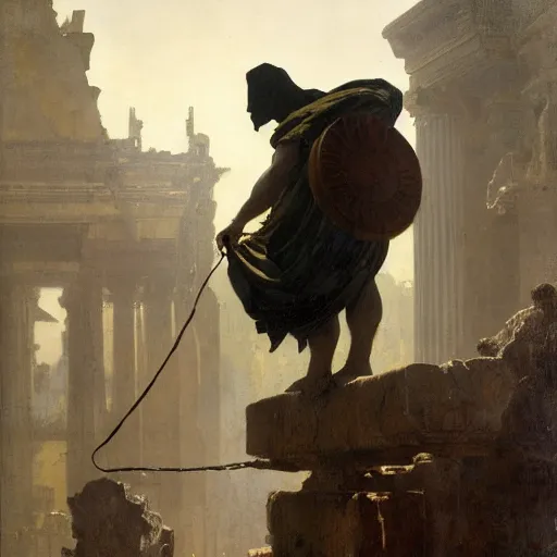 Image similar to half portait of magicus wearing a closed cowl and big old book! chained to the wrist, jeremy mann, jean - leon gerome, tiepolo, alphonse mucha, greg rutkowski, face in the shadows, ( ( ruins of ancient rome ) ), at dusk, mysterious atmosphere, sunrays, dof, high detailed, 8 k