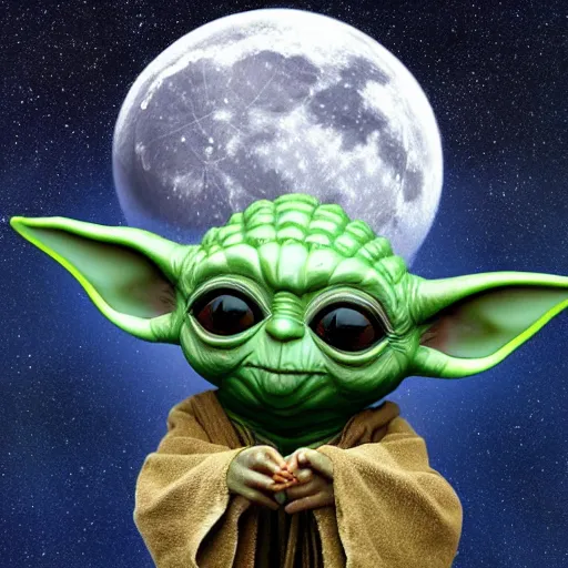 Image similar to “an 8k hi res extremely detailed photorealistic magazine editorial photo shoot pic of yoda with a long bear holding up and praising a glowing hemp leaf on a strange moon. Colorized”