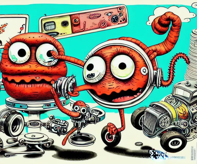 Prompt: cute and funny, eyeball with arms and legs, wearing a helmet, driving a hotrod, oversized enginee, ratfink style by ed roth, roth's drag nut fuel, centered award winning watercolor pen illustration, isometric illustration by chihiro iwasaki, the artwork of r. crumb and his cheap suit, cult - classic - comic,