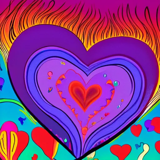Image similar to a highly detailed digital painting of kitschy purple hearts in flames, inspired by lisa frank, dali, matisse, klee, bosch, david hockney, trending on artstation, 4 k