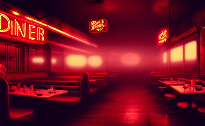 Image similar to diner, horror scene, dim neon lighting, beautiful volumetric-lighting-style atmosphere, eerie atmosphere, intricate, detailed, photorealistic imagery, artstation