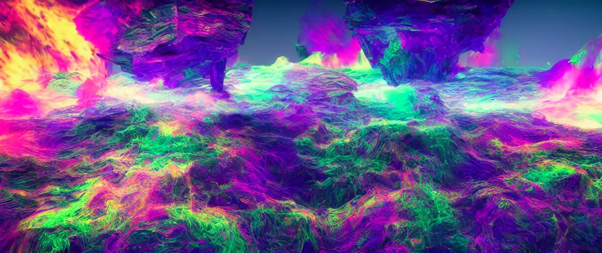 Prompt: dream landscape, houdini software simulation, glitch art, particle flow, volumetric object, physical particles, translucence, cinematic lighting, iridescence, by ash thorpe