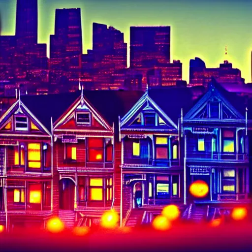 Prompt: a photograph of the painted ladies in san francisco at sunset foggy artstation cyberpunk dreamscape high definition