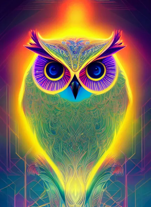 Image similar to symmetry!! product render poster vivid colors divine proportion owl, 神 圣, glowing fog intricate, elegant, highly detailed, digital painting, artstation, concept art, smooth, sharp focus, illustration,