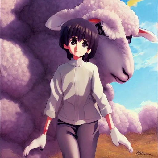 Image similar to girl in sheep suit, artwork made by makoto shinkai, inspired in hirohiko araki, clean details, light color palette, anatomically proportional, hd