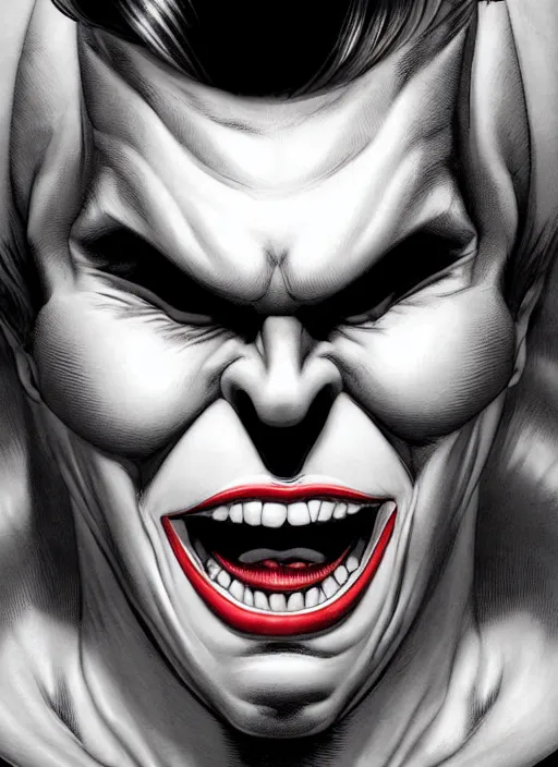 Prompt: aesthetic digital illustration of a handsome grinning young man by brian bolland, rachel birkett, alex ross, and neal adams | sinister, dangerous, character concept, concept art, unreal engine, finalrender, centered, deviantart, artgerm