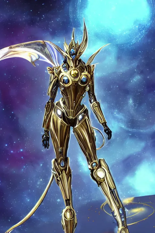 Image similar to intricate high detail elegant beautiful stunning quality cosmic huge god giantess hot female warframe anthro mecha female dragon goddess, gold body, sleek metal ears, sleek eyes, smooth blue skin, sleek gold armor, bigger than galaxy, epic proportions, epic scale, epic size, warframe destiny art, furry, dragon art, goddess, giantess, furaffinity, octane