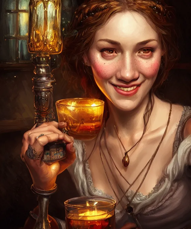 Prompt: character portrait of a beautiful smiling charismatic barmaid, dimly lit cozy tavern, relaxed pose, medieval d&d mood, intricate, wild, highly detailed, digital painting, artstation, concept art, smooth, sharp focus, illustration, art by Tim Okamura, perfect facial symmetry, vibrant deep colors, intricate, epic composition, grim yet sparkling atmosphere, cinematic lighting + masterpiece, trending on artstation