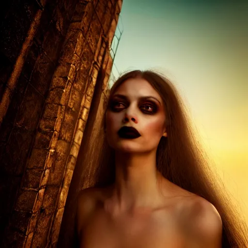 Image similar to photographic portrait of a stunningly beautiful gothic amazonian female in soft dreamy light at sunset, contemporary fashion shoot, by edward robert hughes, annie leibovitz and steve mccurry, david lazar, jimmy nelsson, breathtaking, 8 k resolution, extremely detailed, beautiful, establishing shot, artistic, hyperrealistic, beautiful face, octane render