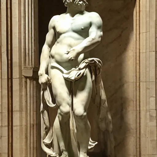 Image similar to marble statue Hephaestus at the Forge by Guillaume Coustou the Younger (at Louvre), dramatic 2 tones lighting