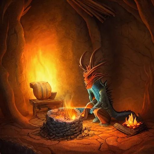 Prompt: A dragon native living in a small clay hut near a campfire, extremely stunning and detailed digital painting, cinematic, 8k, dreamy, immersive