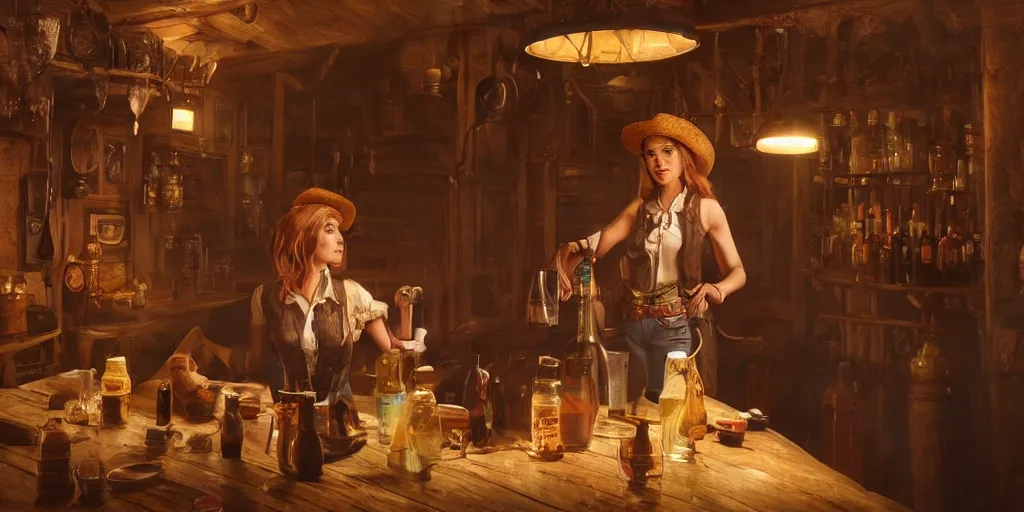 Image similar to an environmental concept art of a female cowboy, getting a drink in the saloon, highly detailed, cinematic, dramatic lighting, close shot by francis tneh