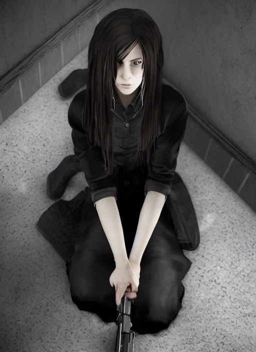 Image similar to a 1 4 year old girl eveline from resident evil 7 with straight long black hair wearing black dress that sitting on bathroom floor