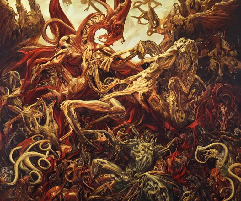 Image similar to elegant renaissance painting of rooster final boss bodybuilder vecna battle, art by alex ross and peter mohrbacher, epic biblical depiction, flesh and bones, fangs, teths and tentacles, corpses and shadows!