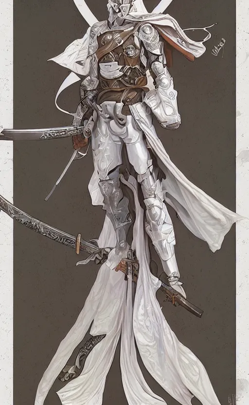 Prompt: a top view shot of a man in white futuristic armor, holding a katana , alphonse mucha , greg rutowski, illustration, science fiction, concept art, digital painting, fantasy, Trending on artstation