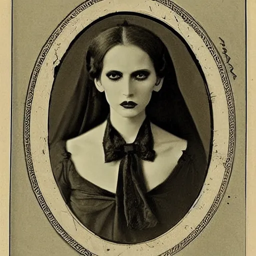 Image similar to a beautiful portrait of a pretty demonic succubus woman with a symmetrical and gorgeous but delicate face, XIX century photo , well and symmetrically composed, gloomy and dreamy