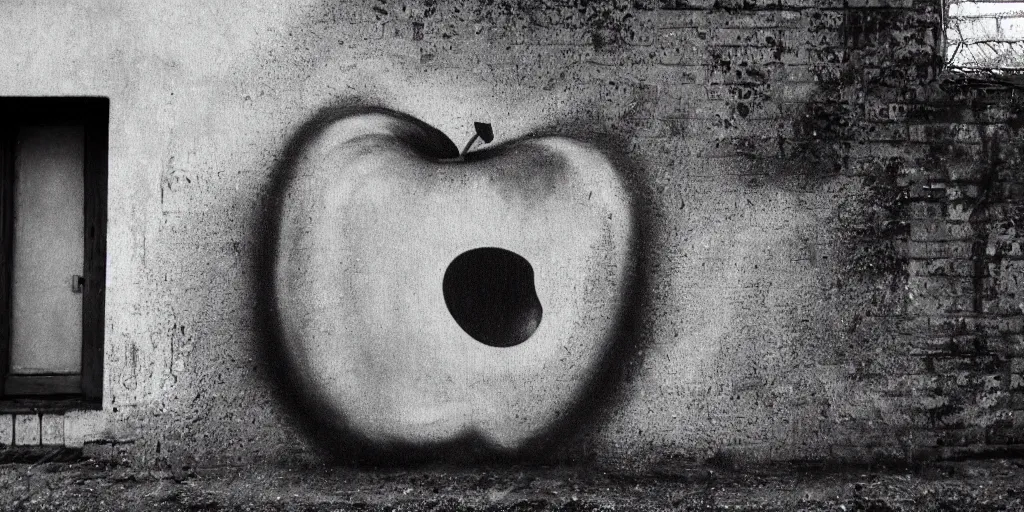 Image similar to detailed medium format photo, polaroid still from tarkovsky movie, a giant apple character, spray painting graffiti on a wall, haze, high production value, intricate details, 8 k resolution, hyperrealistic, hdr, photorealistic, high definition, technicolor, award - winning photography, masterpiece, black and white, grungy