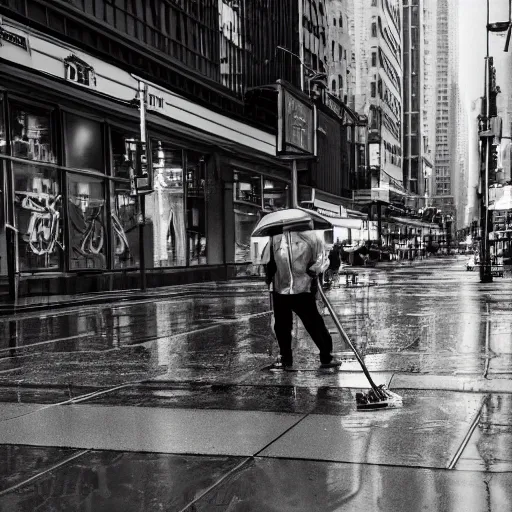 Image similar to cleaner with a mop a rainy new york street, photography