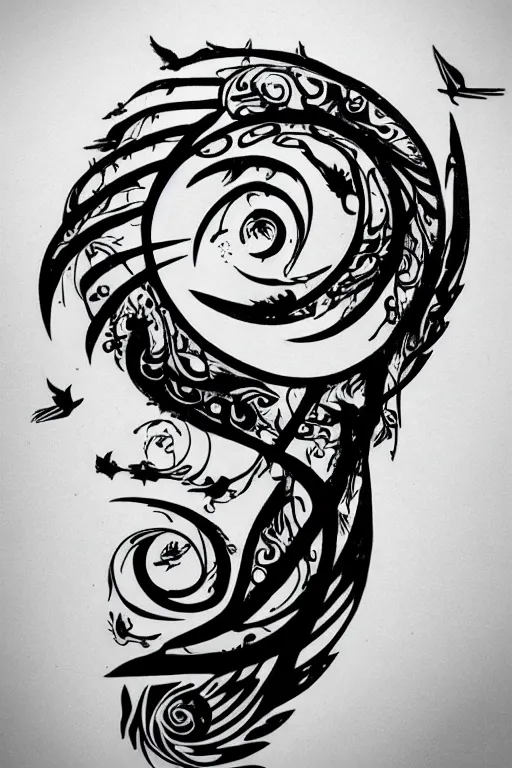 Image similar to a simple tattoo design of birds flying in spirals, black ink, logo