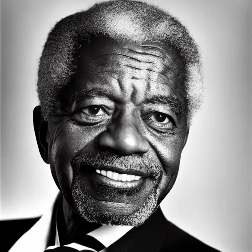 Image similar to black and white photo, portrait of kofi annan by richard avedon, realistic, Leica, medium format, cinematic lighting, parallax, high resolution,